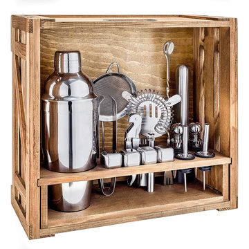 Amazon hot 18pcs bar tools set Cocktail Shaker Set with pine Stand,Perfect Bartender Kit for Bar,with diverse cocktail utensil